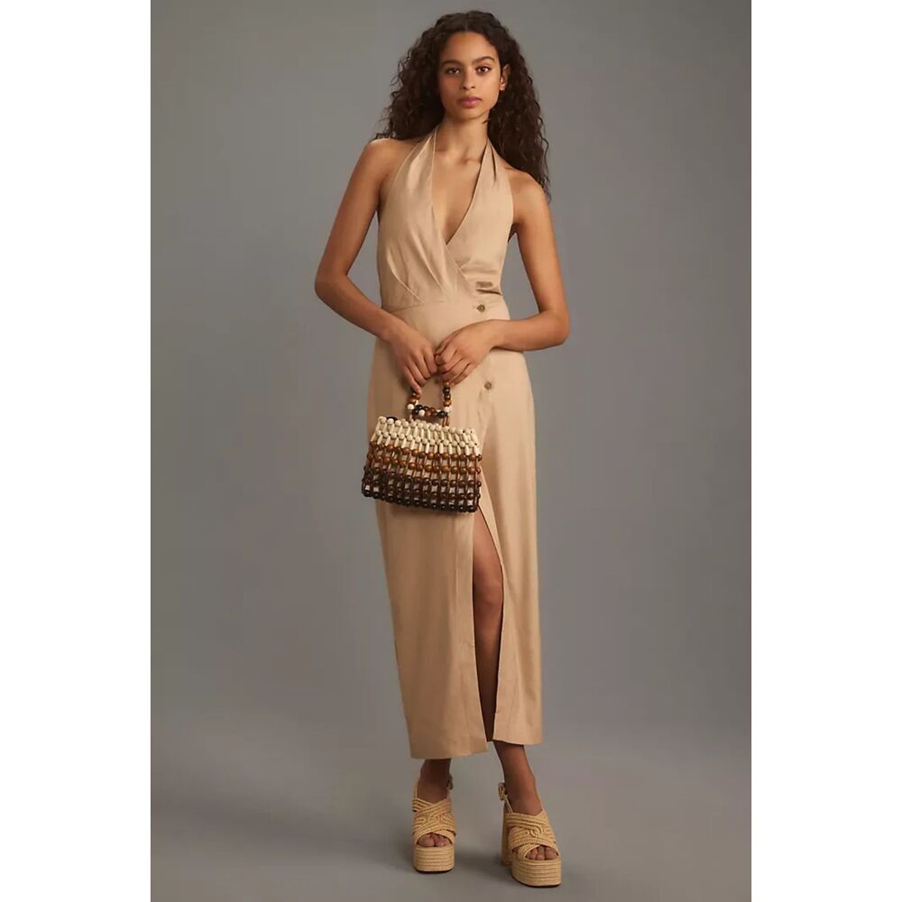 By Anthropologie Linen Halter V-Neck Column Midi Dress NWT - L